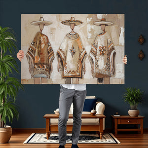 Mexican Folk Art Canvas Wall Art, Charro Poncho Sombrero Painting Print, Neutral Beige Boho Decor, Southwestern Impasto Style, Living Room Art