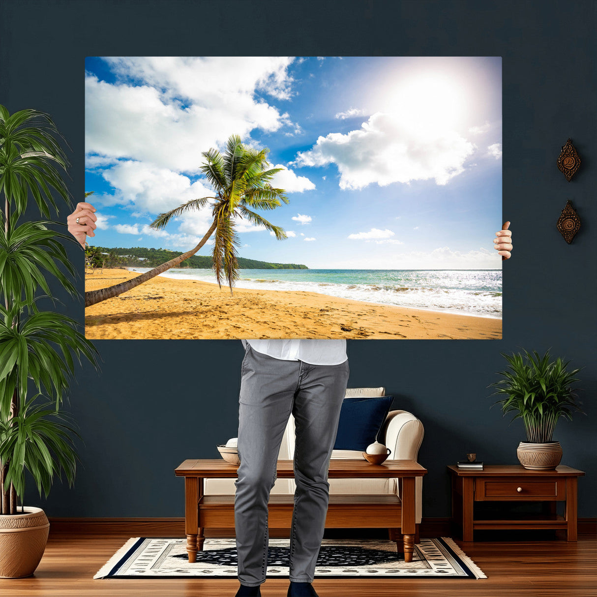 Tropical Beach Canvas Wall Art, Palm Tree Ocean Photo Print, Coastal Living Room Decor, Turquoise Sea Beach House Art, Summer Wall Art