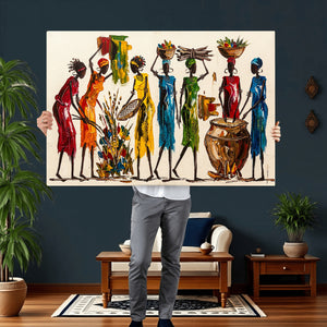 African Folk Art Canvas Wall Art, Colorful African Women Village Painting Print, Tribal Ethnic Home Decor, Vibrant African Art, Living Room