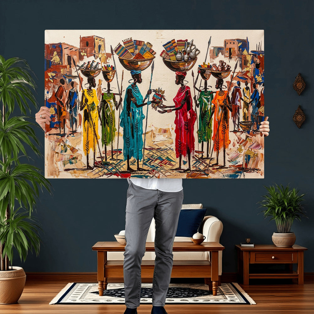 African Folk Art Canvas Wall Art, Colorful African Women Village Painting Print, Tribal Ethnic Home Decor, Vibrant African Art, Living Room