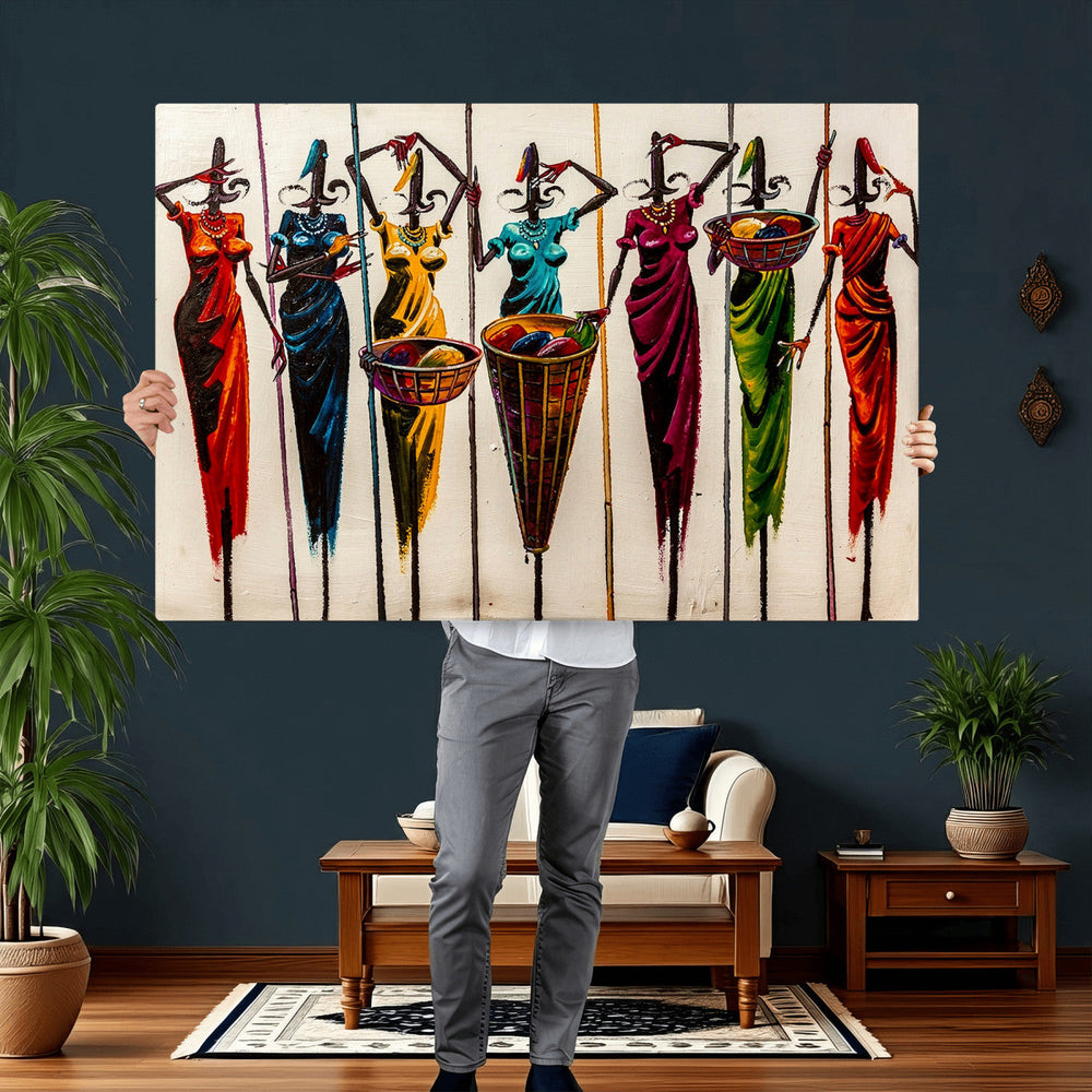 African Folk Art Canvas Wall Art, Colorful African Women Village Painting Print, Tribal Ethnic Home Decor, Vibrant African Art, Living Room