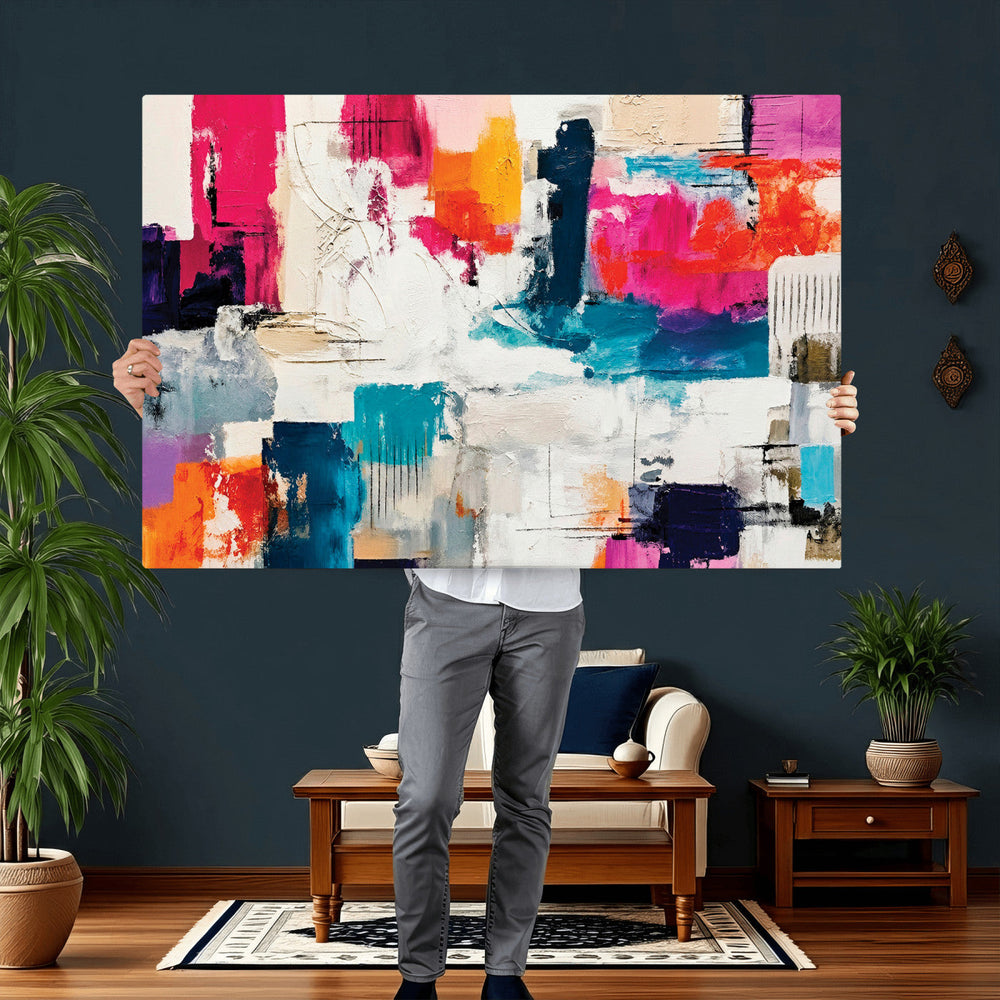 Blue Teal Abstract Canvas Wall Art, Modern Textured Painting Print, Navy Orange White Contemporary Art, Neutral Living Room Decor, Office Art
