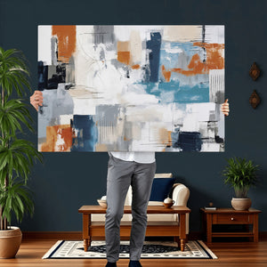Blue Teal Abstract Canvas Wall Art, Modern Textured Painting Print, Navy Orange White Contemporary Art, Neutral Living Room Decor, Office Art