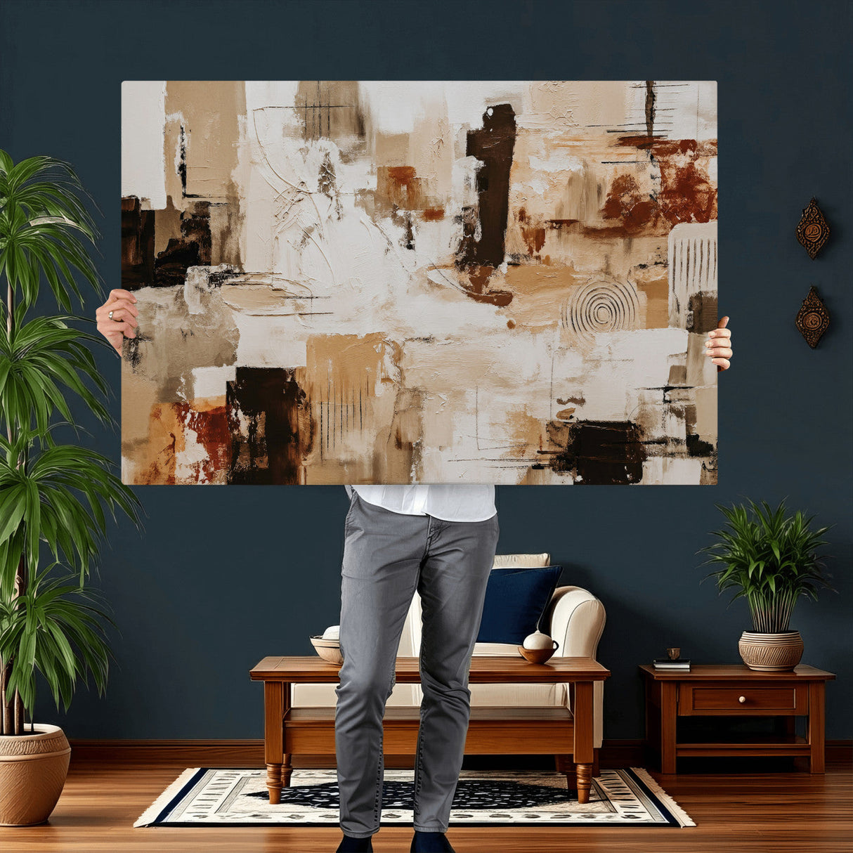 Blue Teal Abstract Canvas Wall Art, Modern Textured Painting Print, Navy Orange White Contemporary Art, Neutral Living Room Decor, Office Art