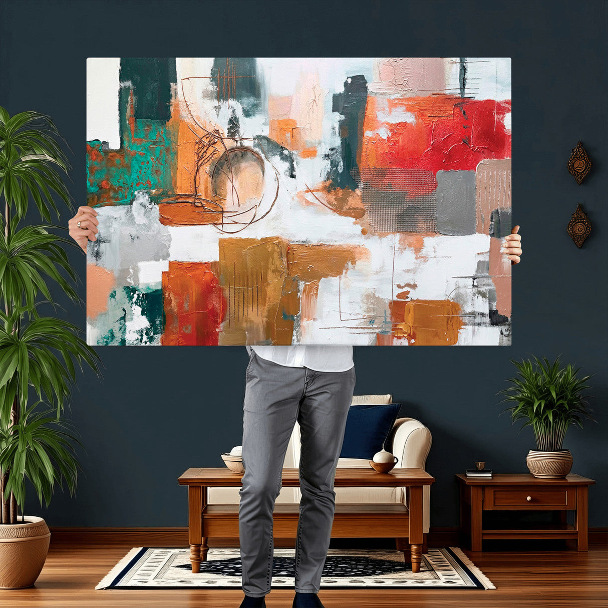 Blue Teal Abstract Canvas Wall Art, Modern Textured Painting Print, Navy Orange White Contemporary Art, Neutral Living Room Decor, Office Art