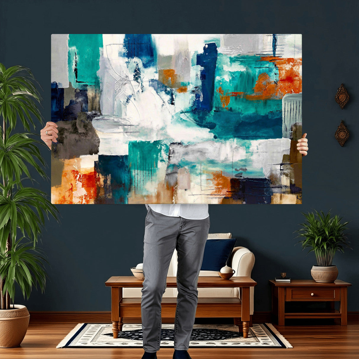 Blue Teal Abstract Canvas Wall Art, Modern Textured Painting Print, Navy Orange White Contemporary Art, Neutral Living Room Decor, Office Art