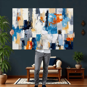 Blue Teal Abstract Canvas Wall Art, Modern Textured Painting Print, Navy Orange White Contemporary Art, Neutral Living Room Decor, Office Art
