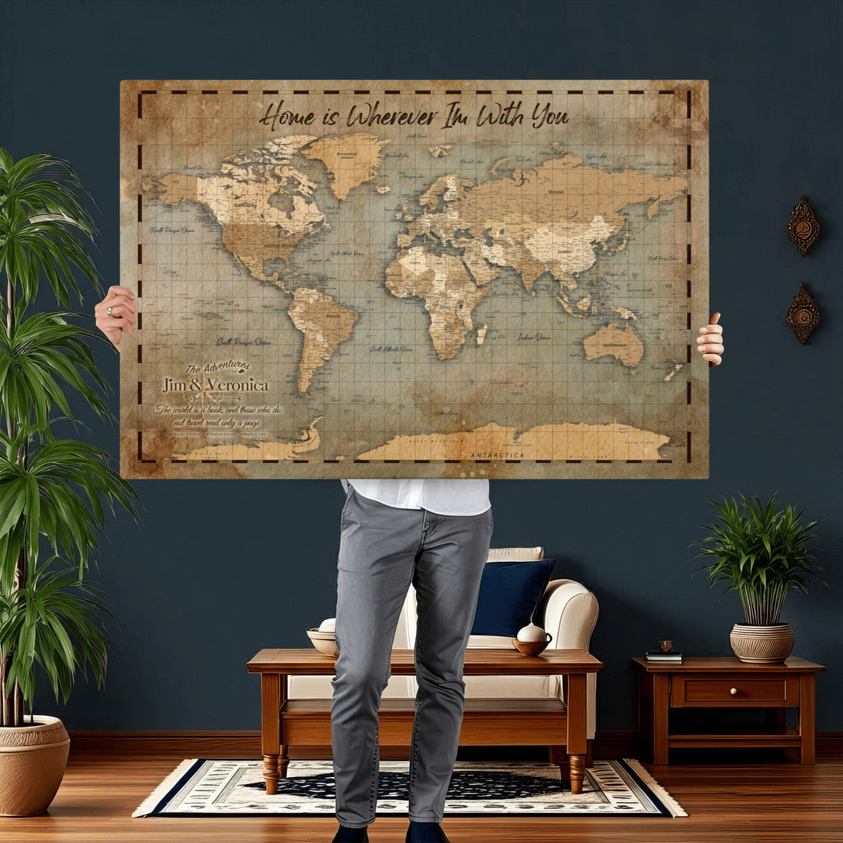 Vintage Personalized Push Pin World Map, Vintage Travel Map Canvas, Custom Names Anniversary Gift, Places Visited Pin Board, Couples Adventure Art