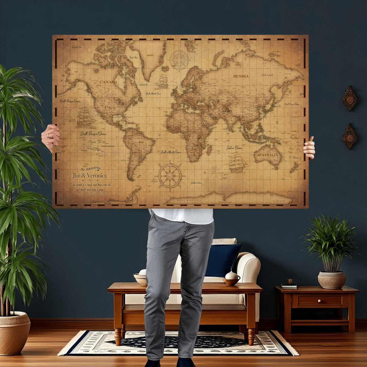 Personalized Push Pin World Map, Vintage Travel Map Canvas, Custom Names Anniversary Gift, Places Visited Pin Board, Couples Adventure Art