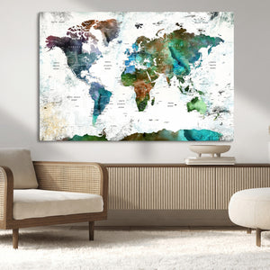 Modern Watercolor World Map Canvas Wall Art – Framed
