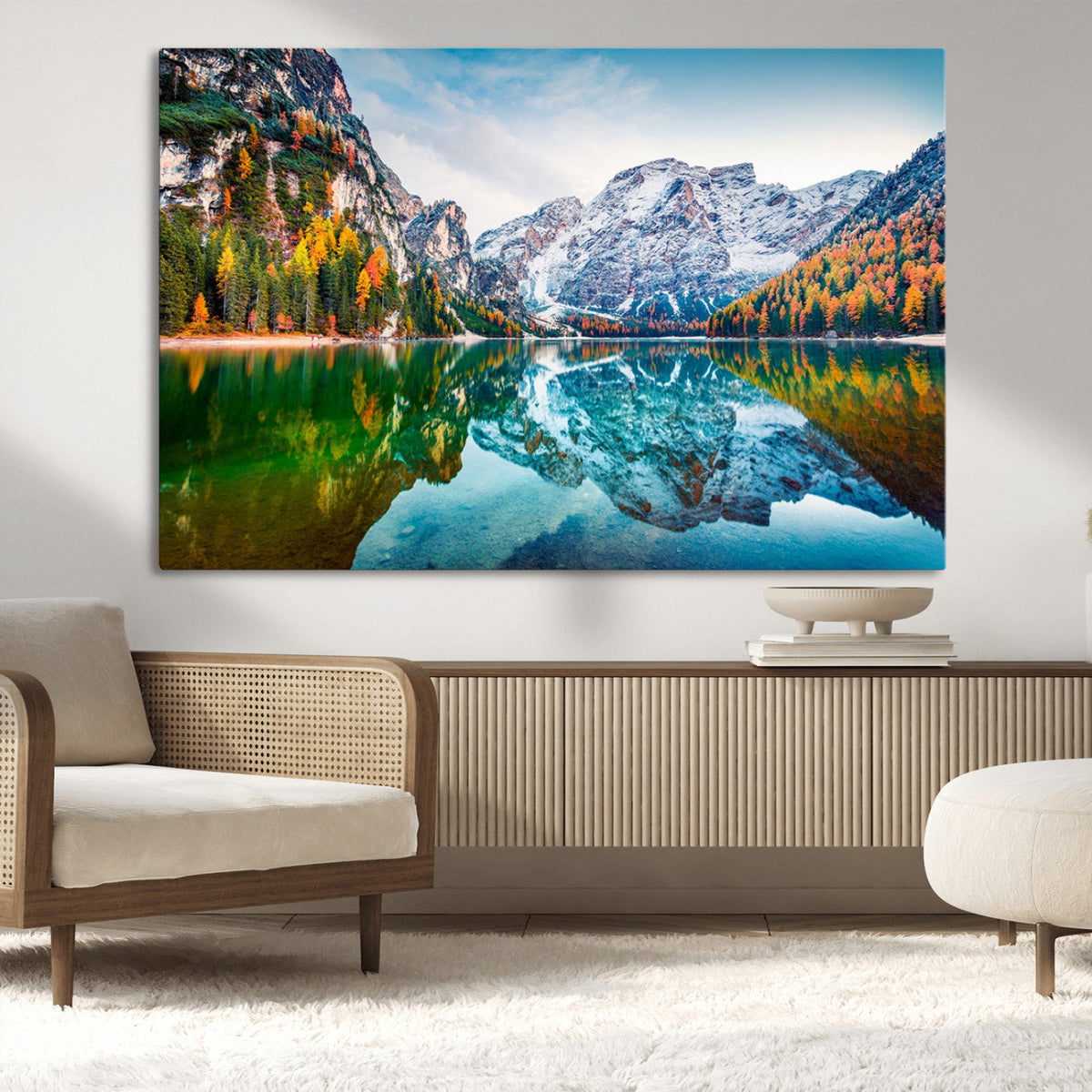 Spectacular autumn view of Braies Lake Wall Art Canvas Print
