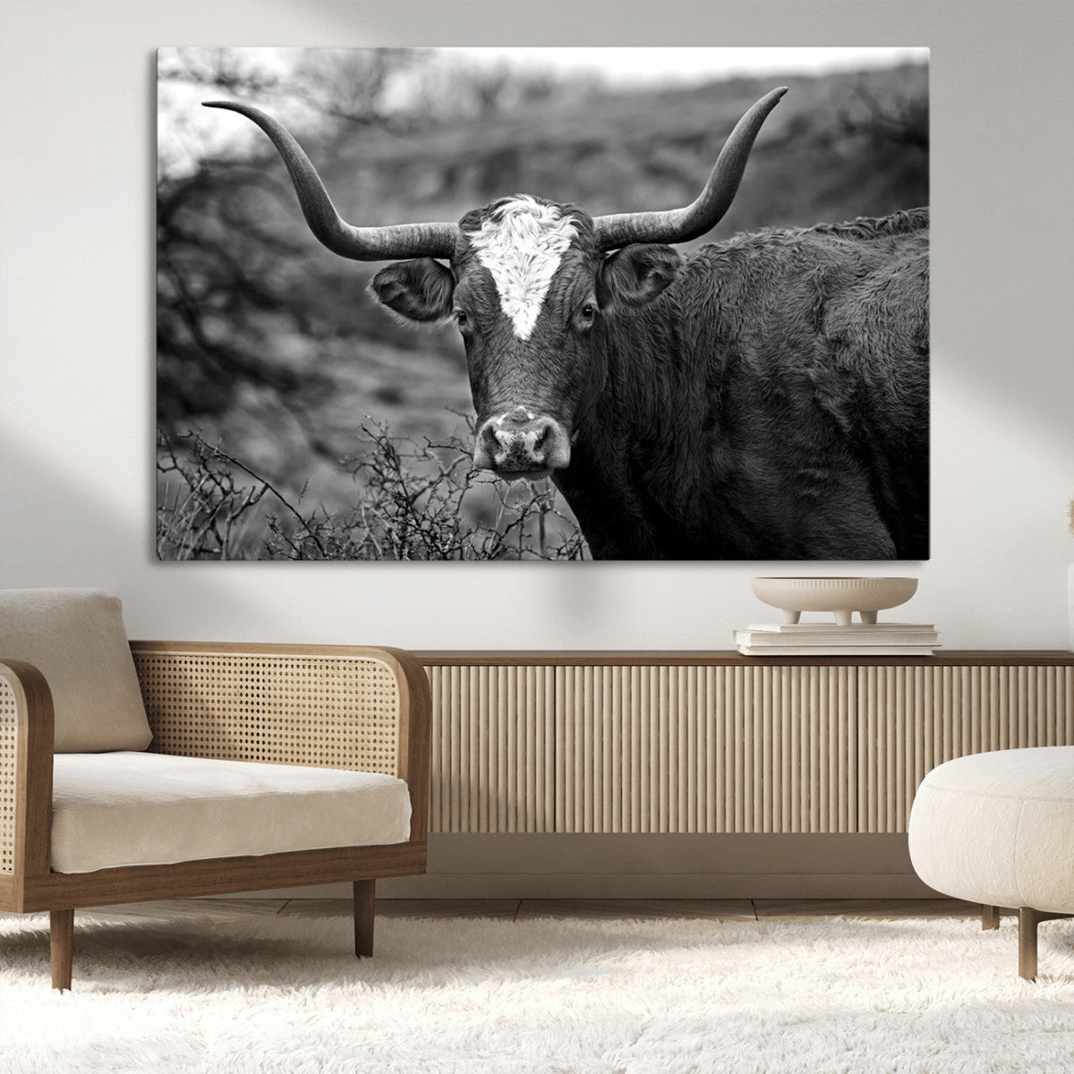Western Home Wall Art Canvas Print, Framed Texas Longhorn
