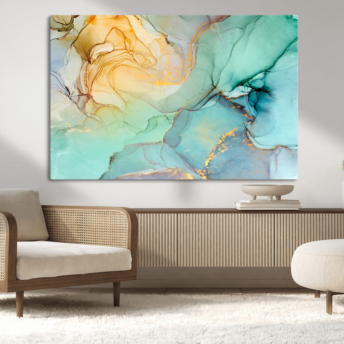 Abstract Aqua and Gold Fluid Wall Art Canvas | 3 Panel Large