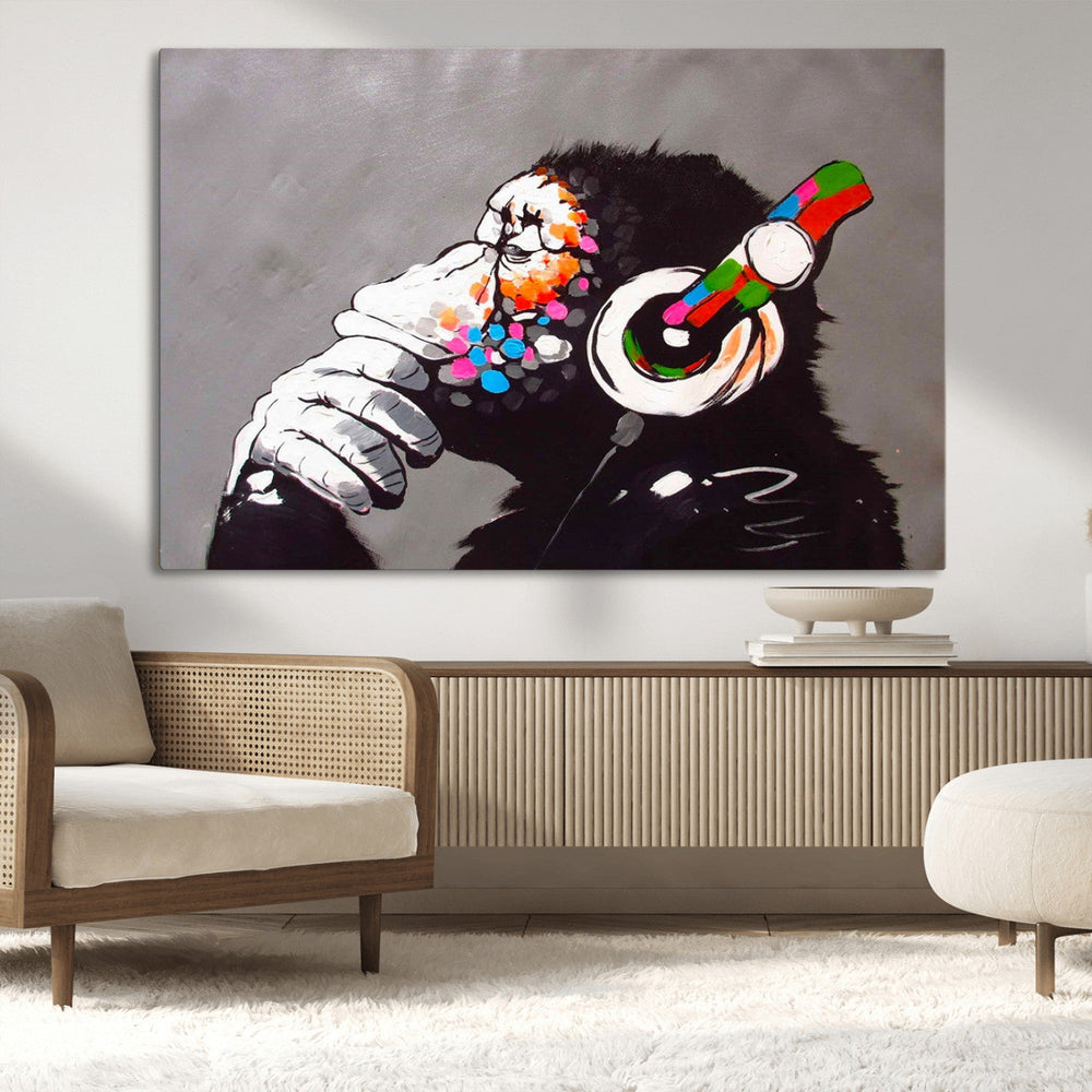 Dj Monkey Listening to Music Wall Art Print | Banksy Monkey