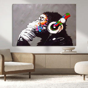 Dj Monkey Listening to Music Wall Art Print | Banksy Monkey