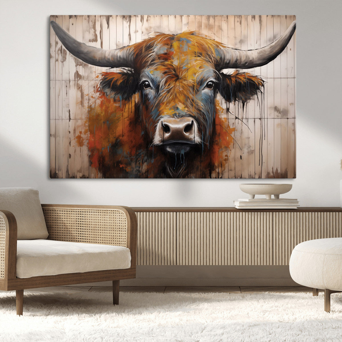 Abstract Bull Highland Cow Canvas Wall Art Print – Vibrant