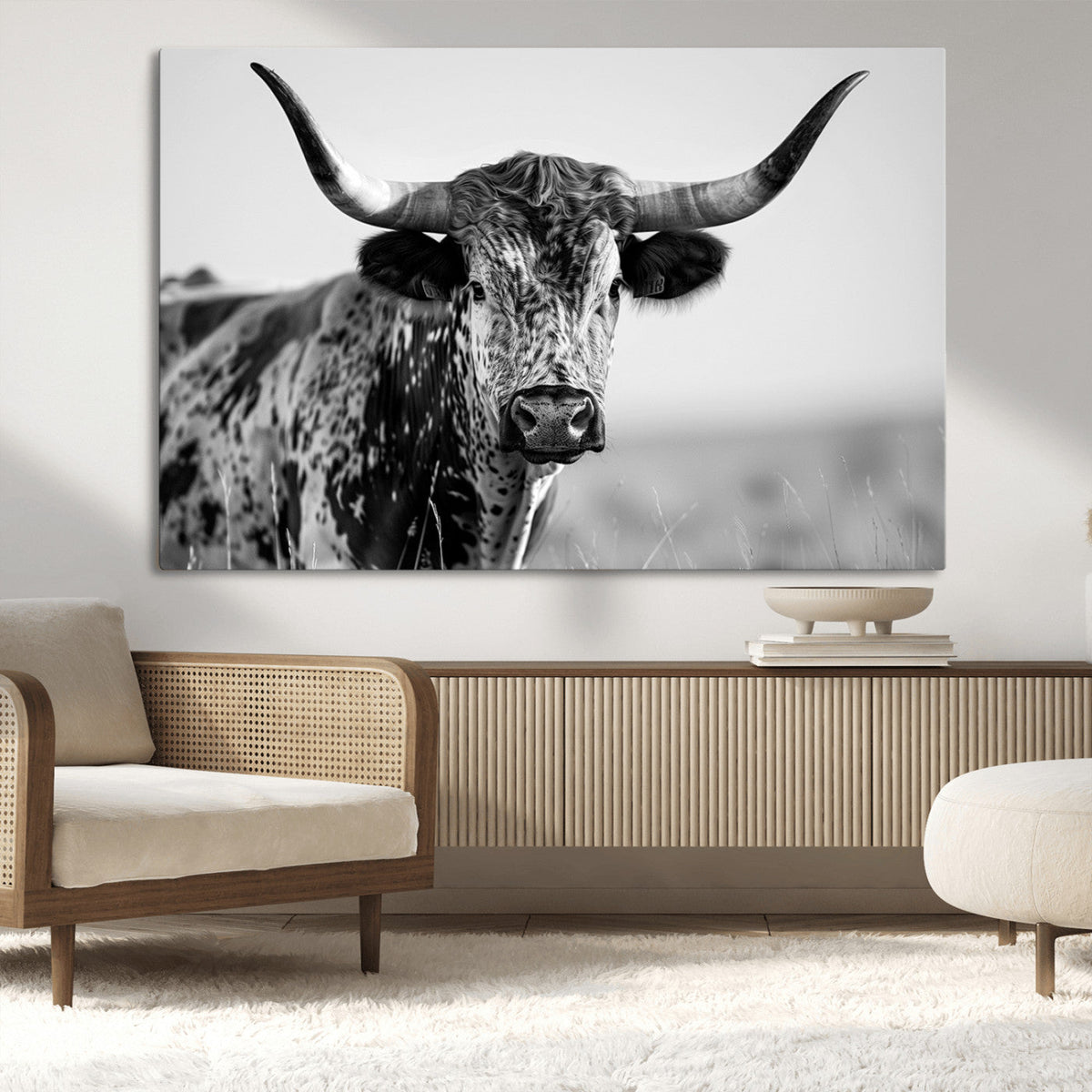 Texas Highland Cow Longhorn Canvas Print - Rustic Farmhouse