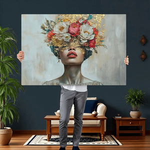 Golden Petal Wall Art Canvas Print - Silhouette Woman Wall