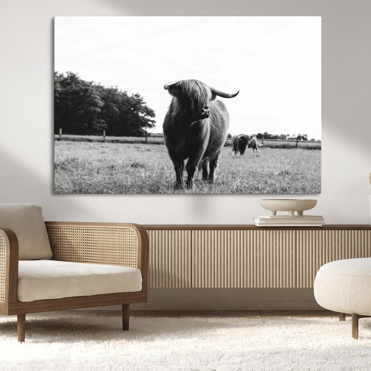 Black and White Highland Cow Wall Art Canvas Print | Rustic