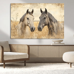 Chines Ink Style Grunge Horses Wall Art Canvas Print