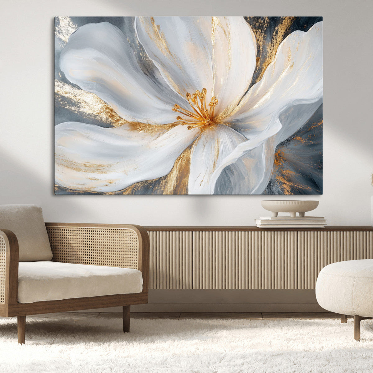 White and Gold Floral Canvas Wall Art - Framed and Ready to