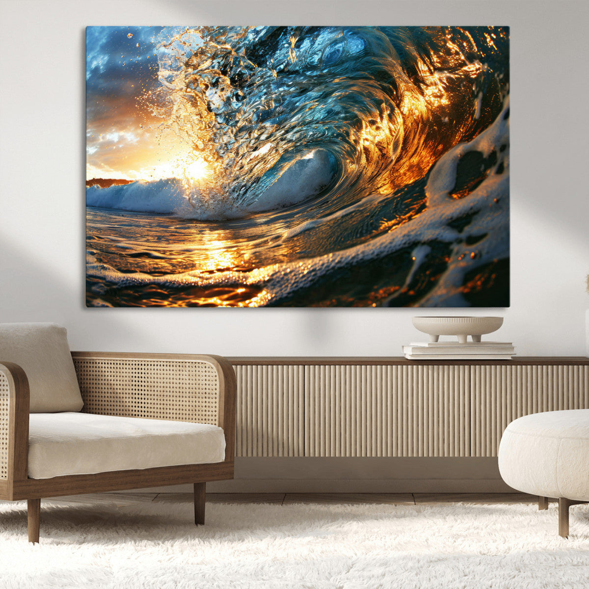Ocean Wave at Sunset Canvas Wall Art – Vibrant Coastal Beach