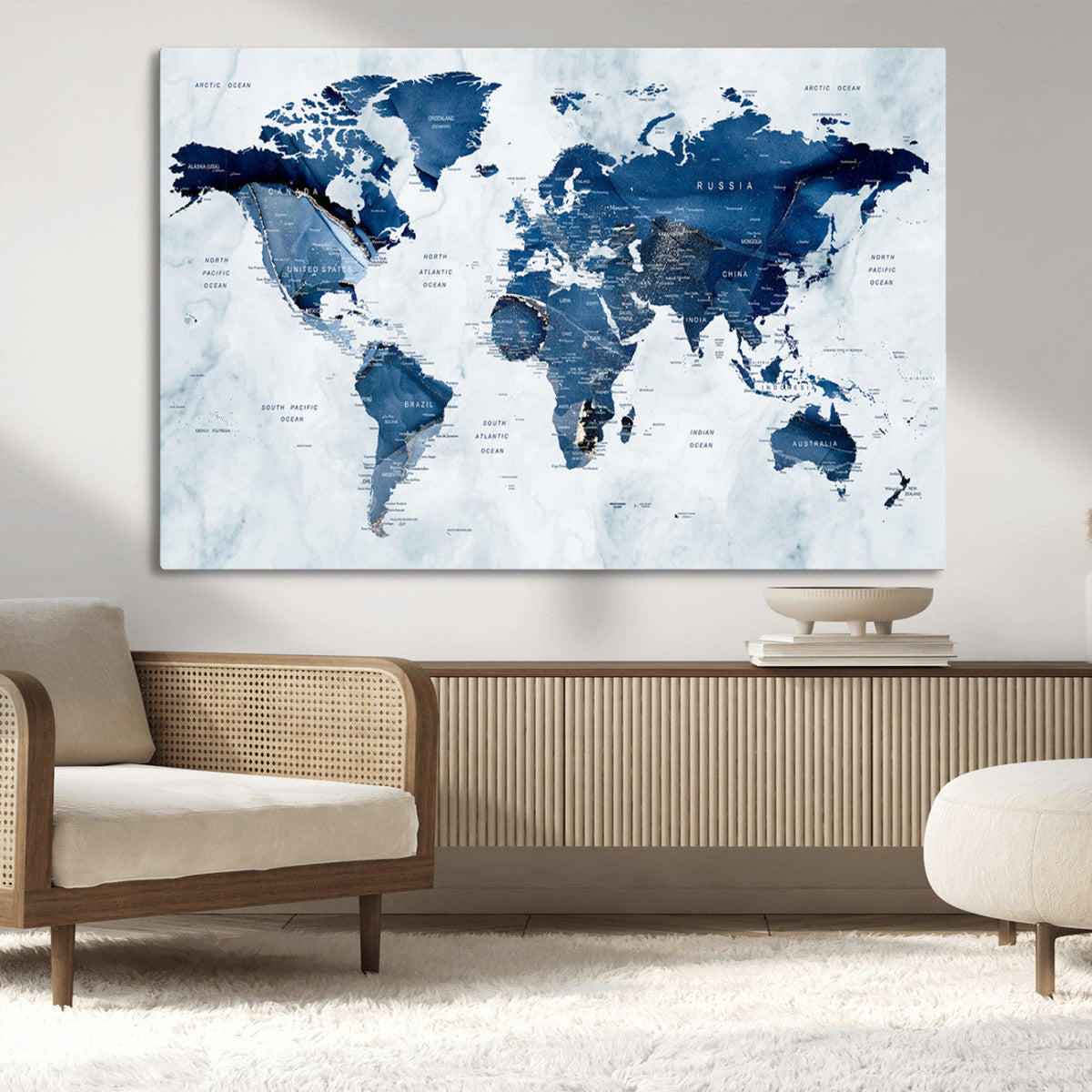 Modern Blue World Map Canvas Print – Framed Wall Art,