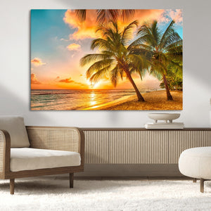 Tropical Sunset Beach Canvas Wall Art Print – Vibrant Palm