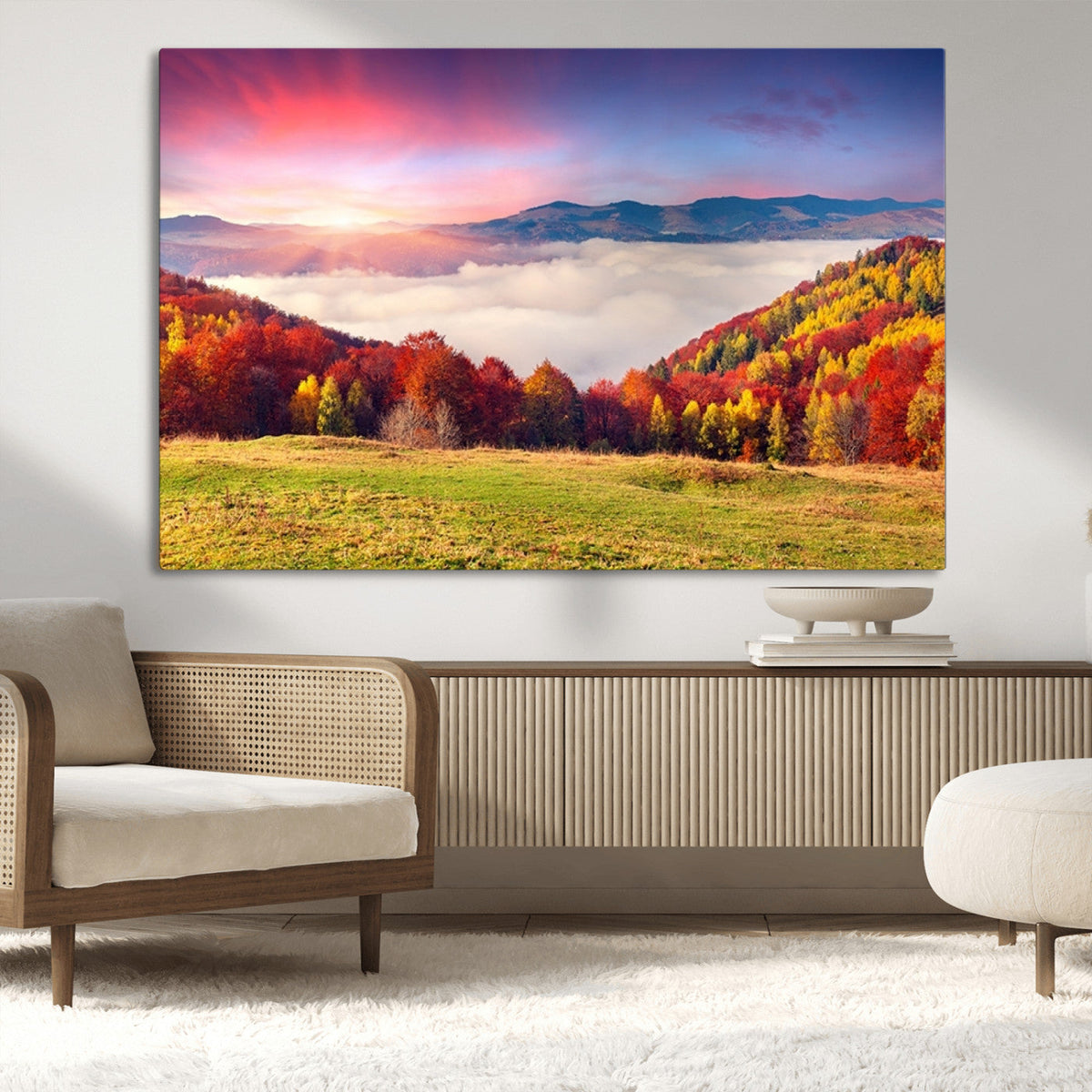 Autumn Mountain Foggy Landscape Wall Art Canvas Print |