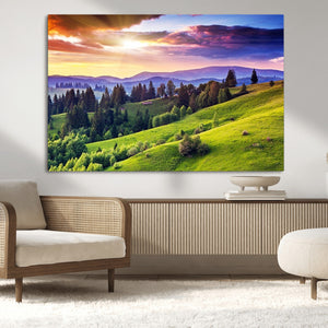 Green Hills and Sunset Wall Art Print - Scenic Landscape