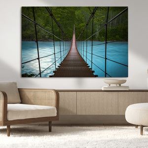 Suspension Bridge Over River Canvas Art | 3-Panel Nature