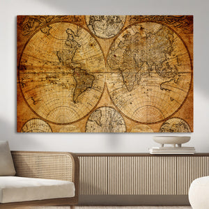 Vintage World Map Canvas Print – Antique Push Pin Travel