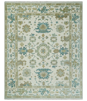 Hand Knotted Ivory, Beige and Teal Antique look Traditional Oushak Multi Size Wool Area Rug