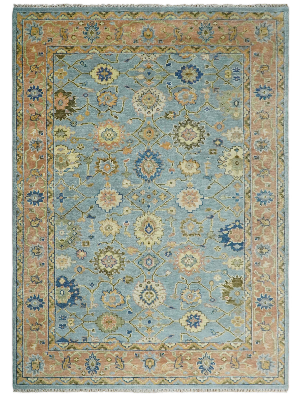 Ready to Ship Hand Knotted Blue and Rust Modern Oushak Area Rug