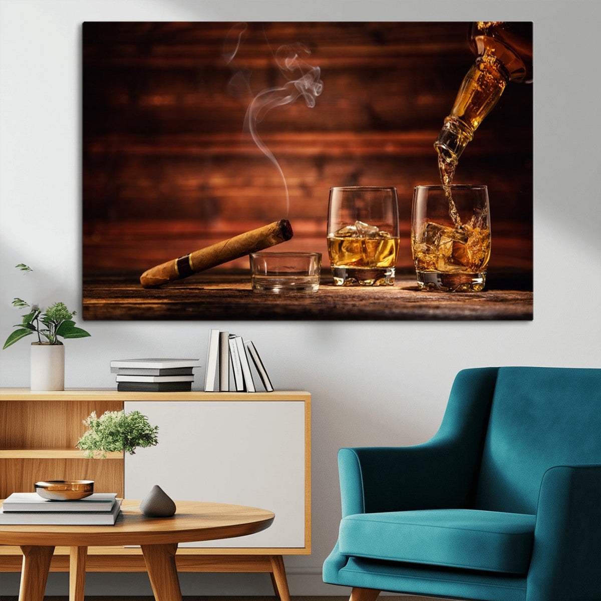 Whiskey and Cigar Wall Art Canvas | 3 Panel Bar Room Decor
