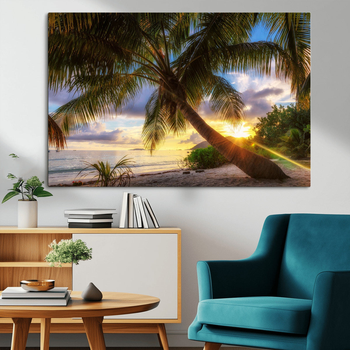 Tropical Island Sunset on the Beach Palms Wall Art Canvas
