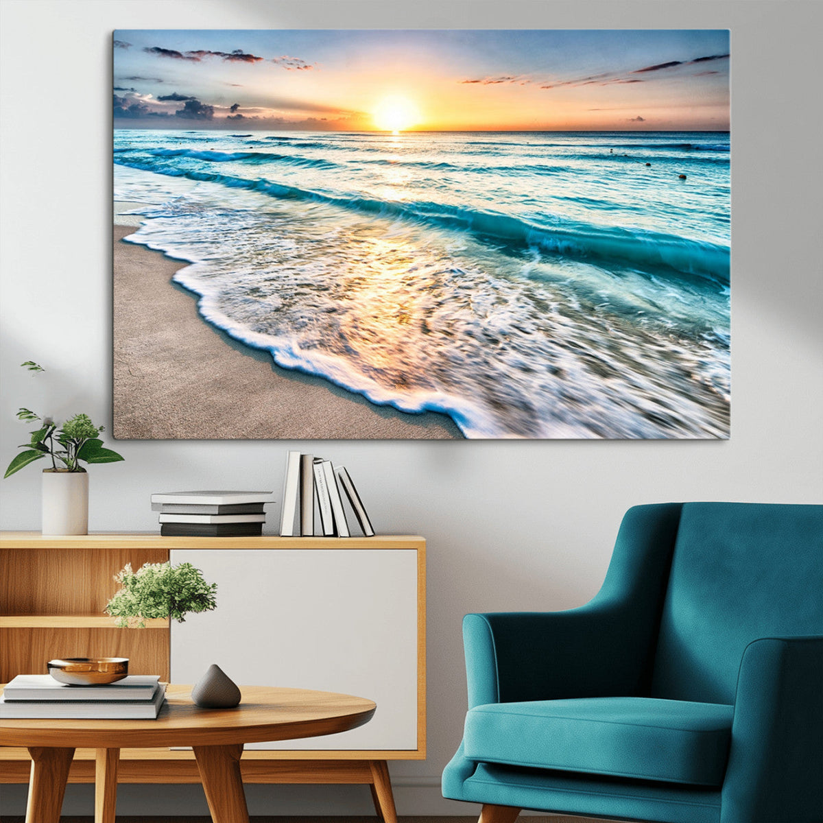 Sunset Beach Waves Canvas Wall Art – 5-Panel Ocean Sunset