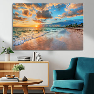 Sunset Ocean Waves on Tropical Beach, 3-Panel Giclee Canvas