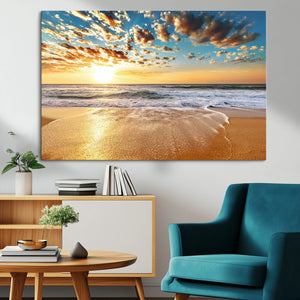 Golden Sunset Beach Print Canvas Wall Art, Giclee Canvas