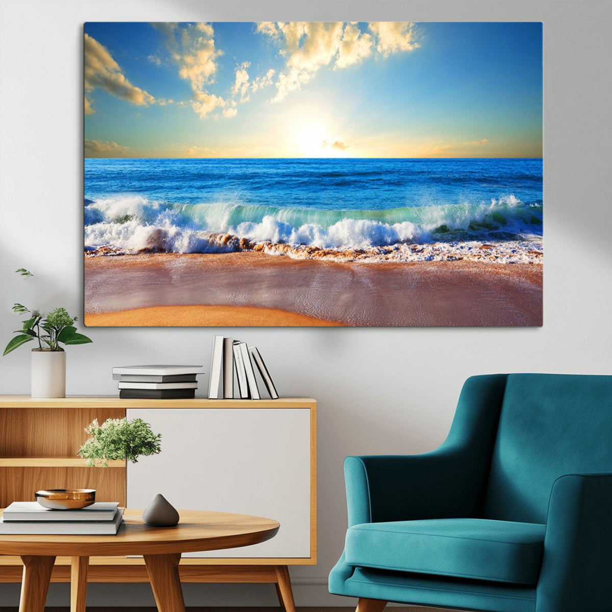 Tropical Beach Sunset Canvas Art, Ocean Waves and Sandy