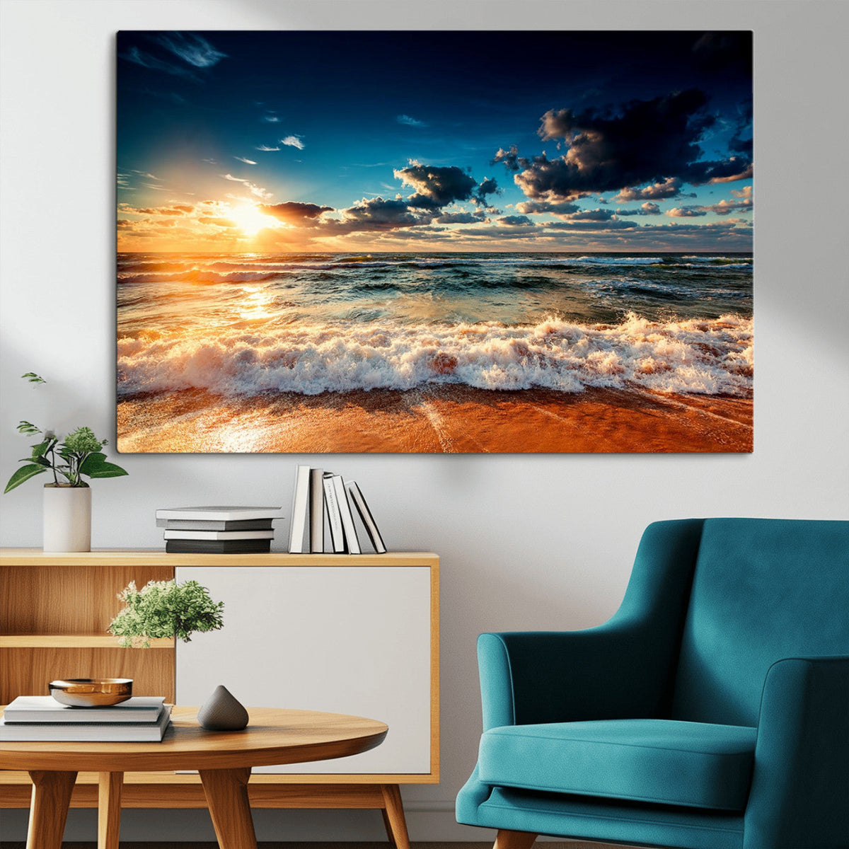 Golden Hour Sunset Over Ocean Waves Wall Art Canvas Print |