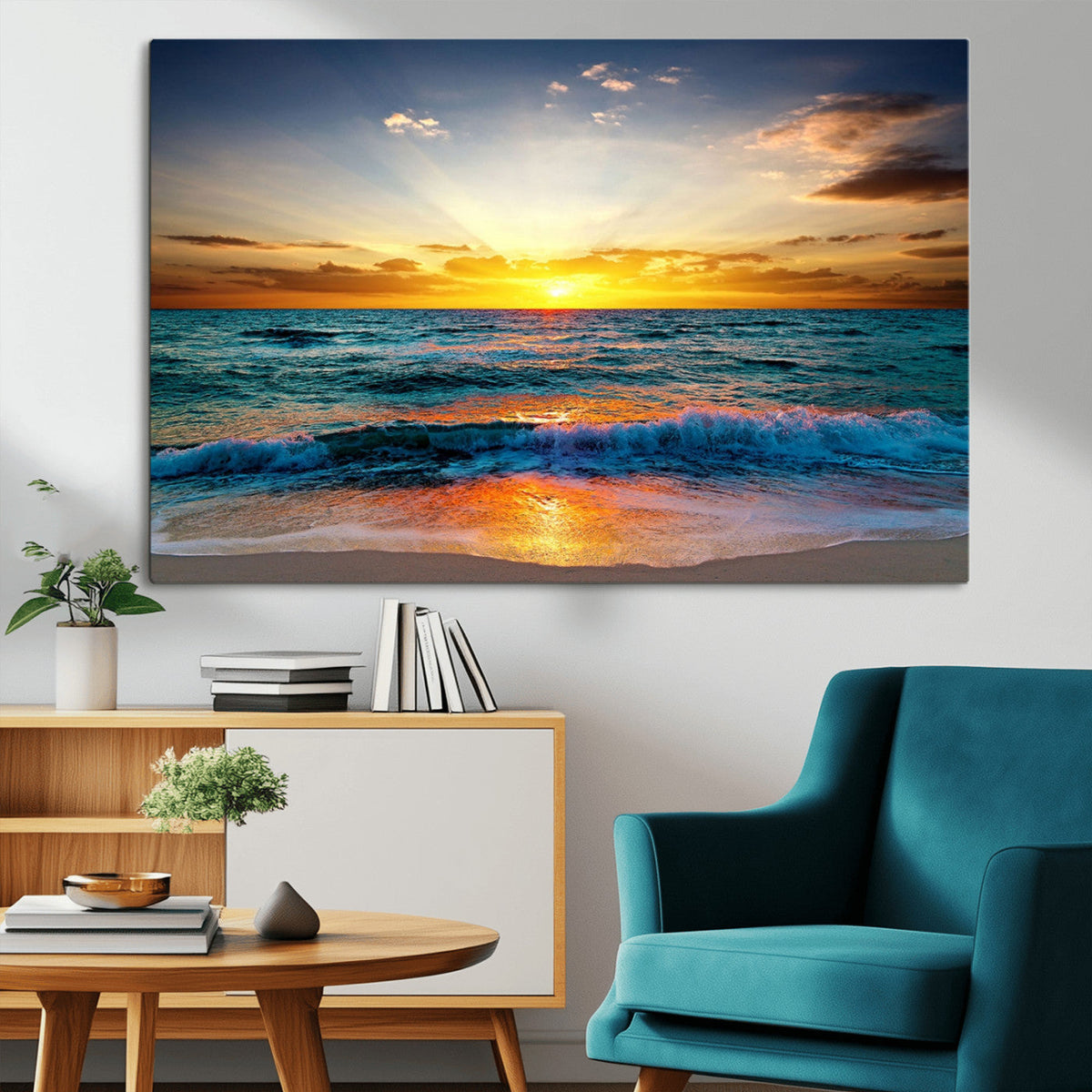 Vibrant Ocean Sunrise Over Golden Beach Waves, Giclee Canvas
