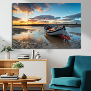 Small Boat At The Beach Sunset Wall Art, Boat Sunset Wall
