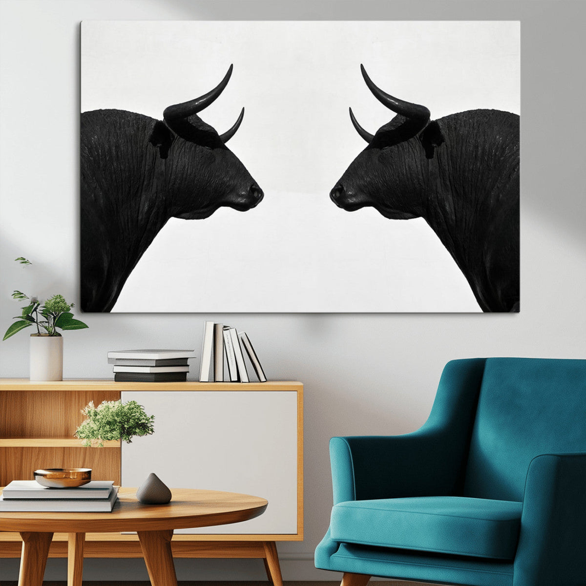 Spanish Bull Art - Framed Black and White Bull Canvas Print
