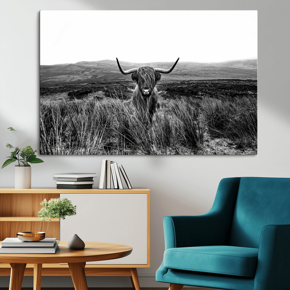 Black and White Highland Cow Canvas Wall Art, Longhorn