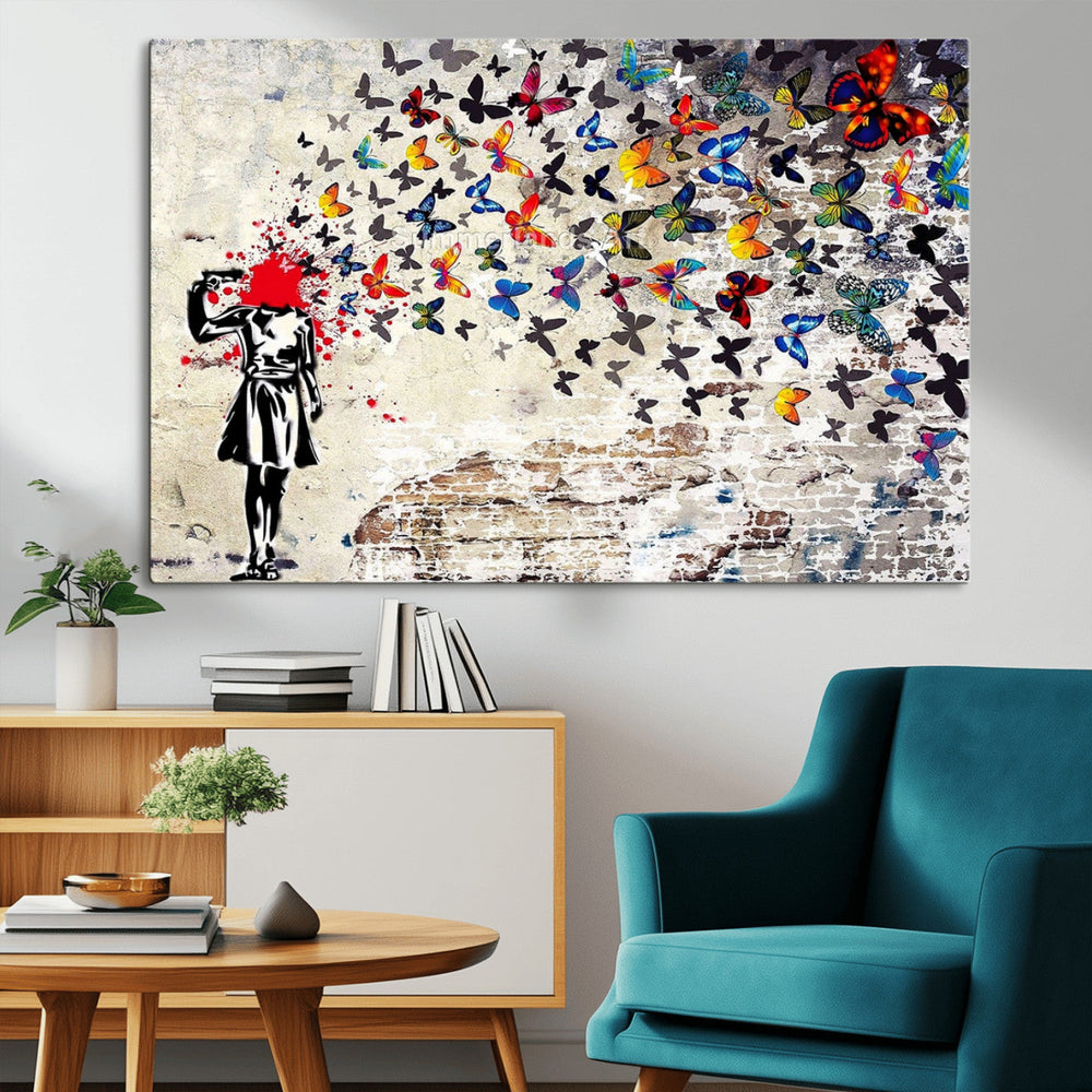 Banksy Art Butterfly Girl Explosion Canvas Art – Vibrant