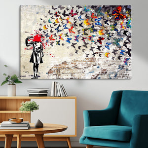 Banksy Art Butterfly Girl Explosion Canvas Art – Vibrant