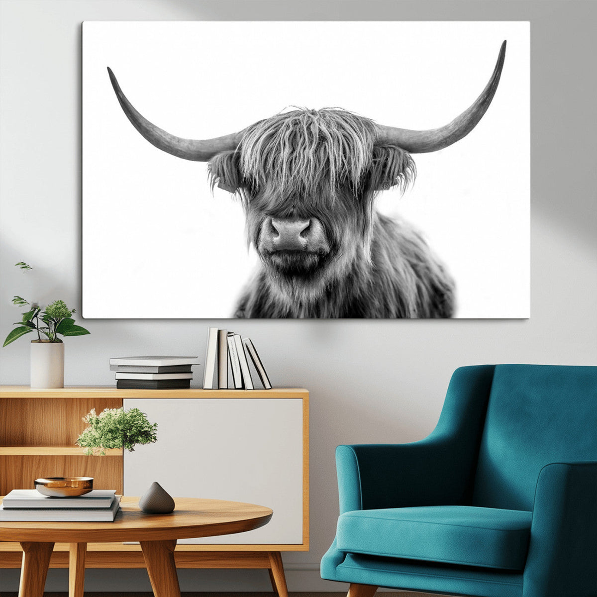 Grayscale Scottish Highland Cow Cattle Art Print Farmhouse