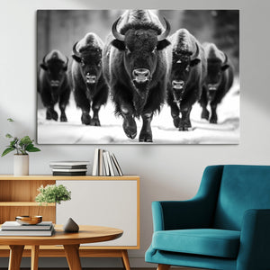 American Bison Art | Buffalo Herd Wall Art Canvas Print, BW