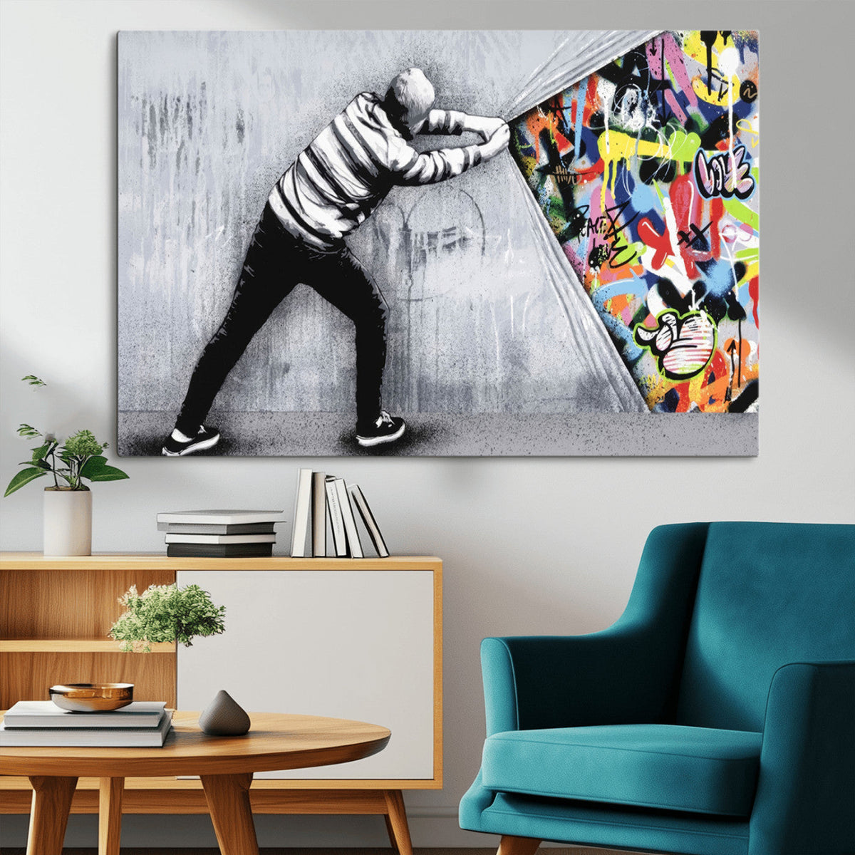 Banksy Art Behind the Curtain Street Wall Art Canvas Print |